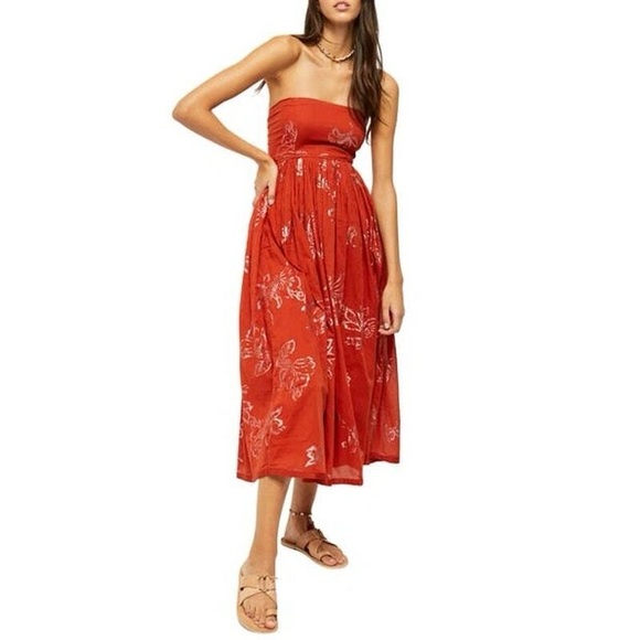 Free People Dresses & Skirts - Free People Baja Babe Copper Boho Gilded Floral Crinkle Strapless Maxi Dress